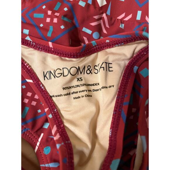 Geometric Cut-Out Bandeau Tankini in Burgundy with Multi Color Pattern Size XS - Picture 5 of 5